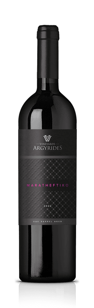 Argyrides Vineyards Maratheftiko 2022 oak barrel aged red wine bottle on a dark background