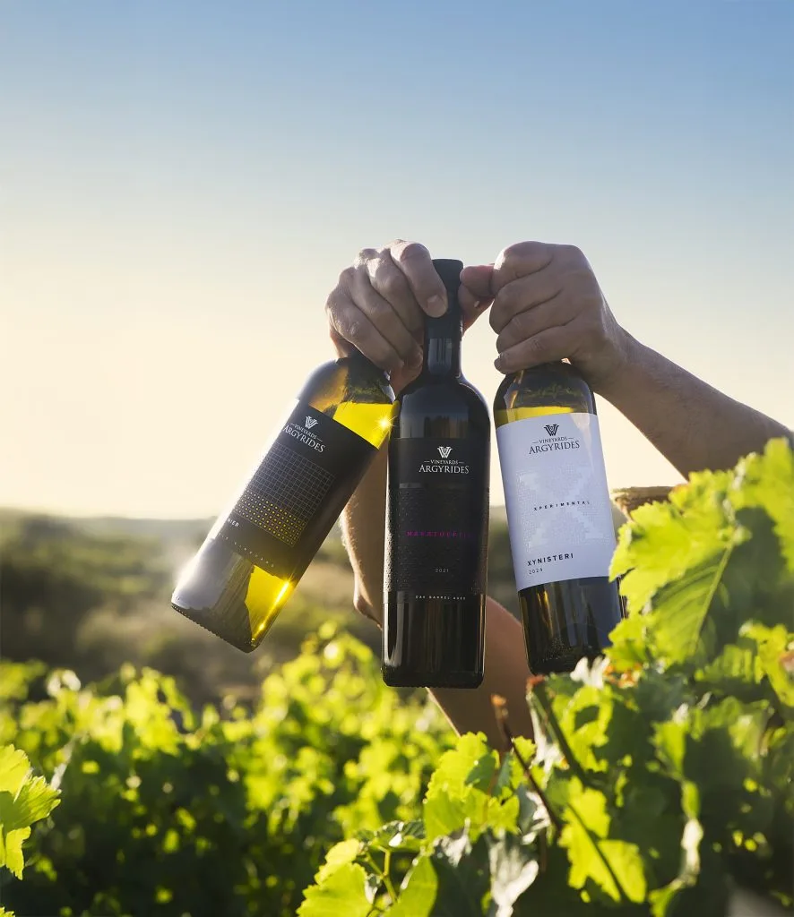 Three Argyrides Vineyards wine bottles held up among the vines, featuring Viognier, Maratheftiko 2021, and Xynisteri Experimental 2024, with the Cyprus vineyard hills in the background